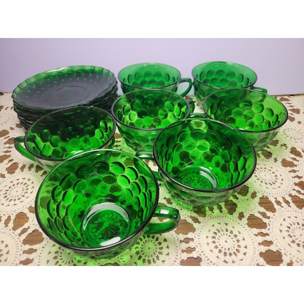 Vintage 1950s Anchor Hocking Bubble Forest Green Cup Saucer 6 Pc